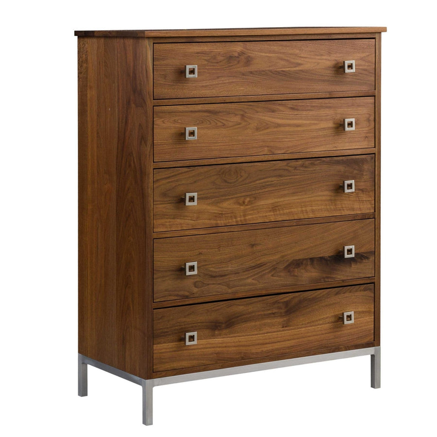 Walnut five drawer chest of drawers with square nickel pulls and a brushed steel base in mid century style