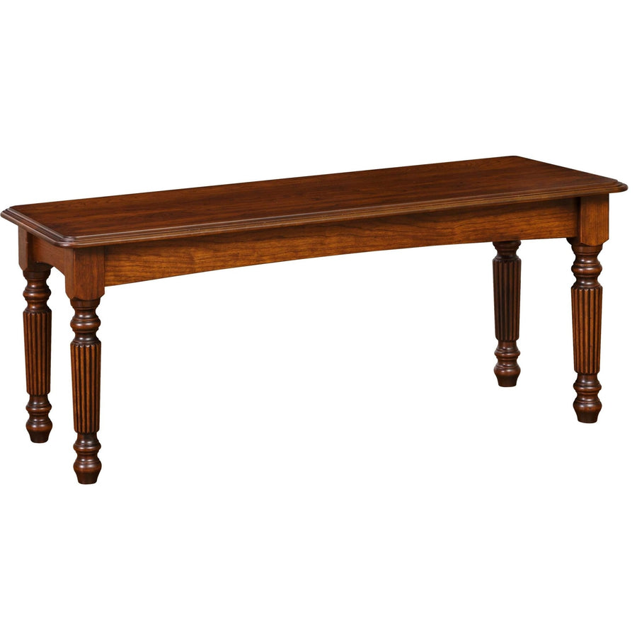 Cherry Milano 46 inch backless bench with a beveled top edge and four turned, reeded legs on a white background