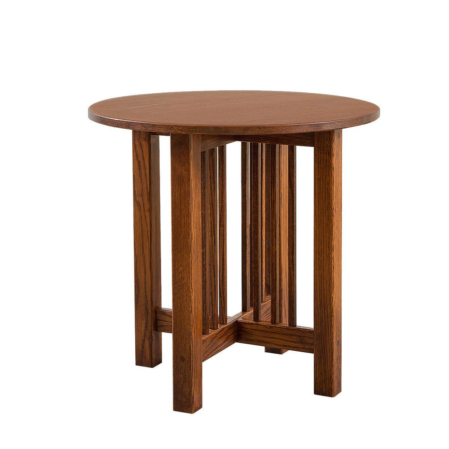 Round top oak end table with Mission slat pedestal base and four square legs on a white background