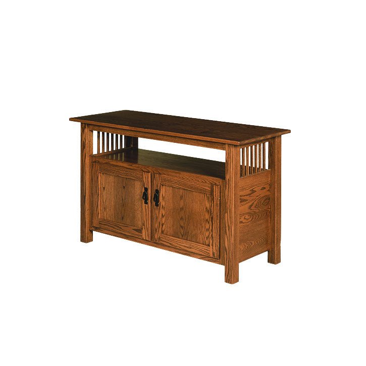 Mission oak tv cabinet with slatted sides, open media shelf and two paneled doors with black strap hinges
