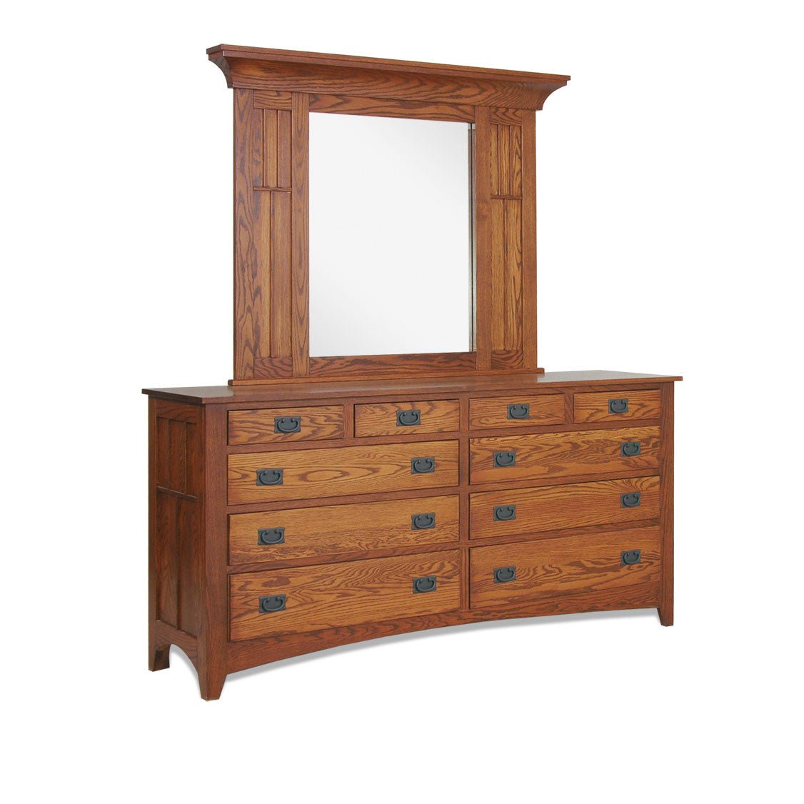 Mission oak triple dresser with ten drawers, dark bail pulls and a slatted mirror hutch on a white background