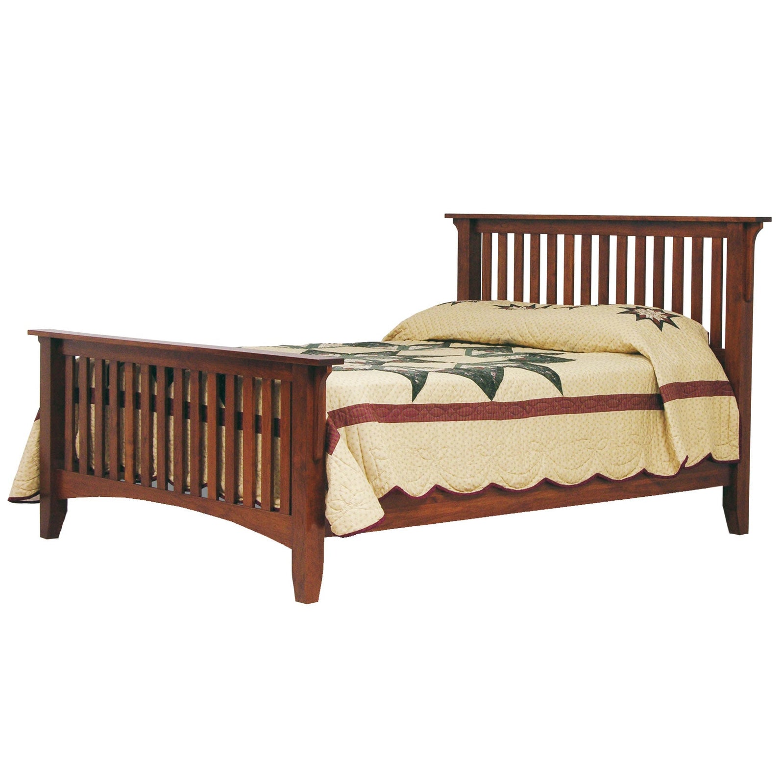 Slatted Mission bed in dark stained wood with matching dresser and mirror, styled with plants in a bedroom