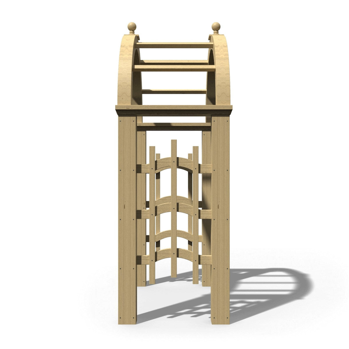 Side view of the arched garden arbor showing the layered curved trellis panel and rounded top beams