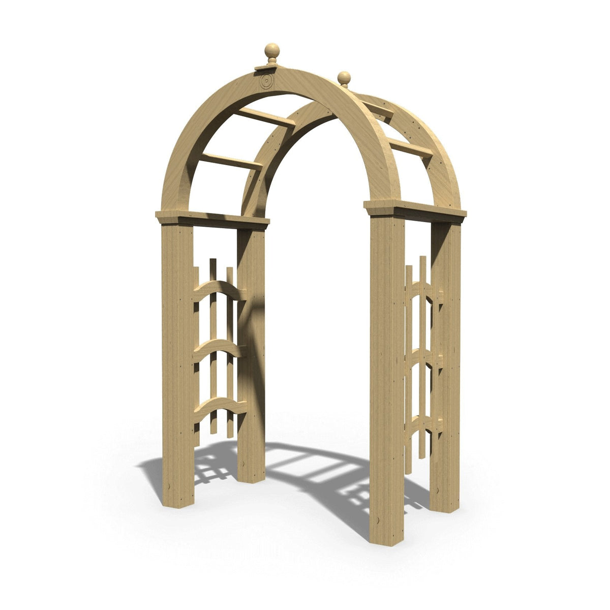 Three-quarter view of the wood garden arbor showing arched top, ball finials and curved lattice side panels