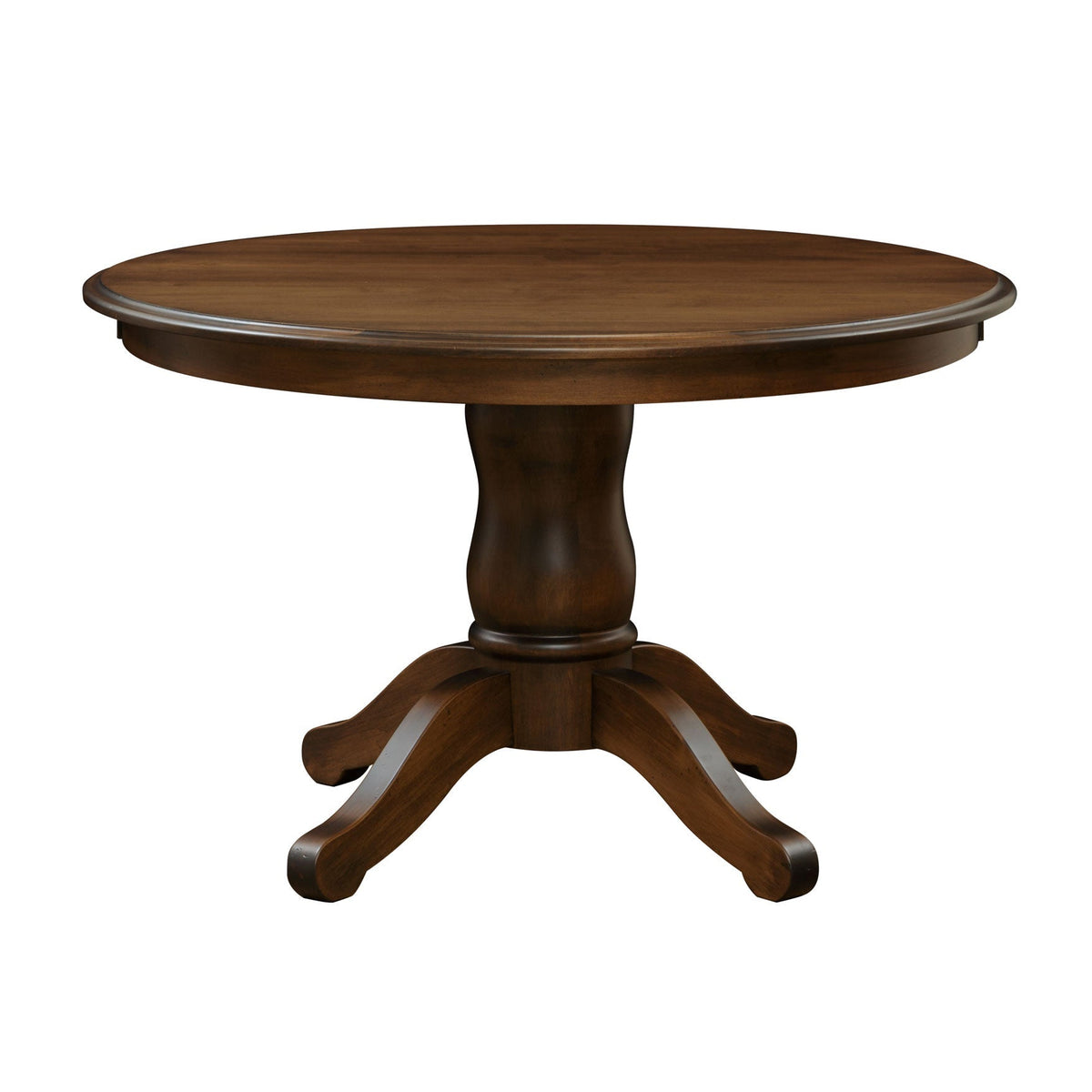 Round single pedestal dining table in a dark brown finish with a turned column and four curved legs