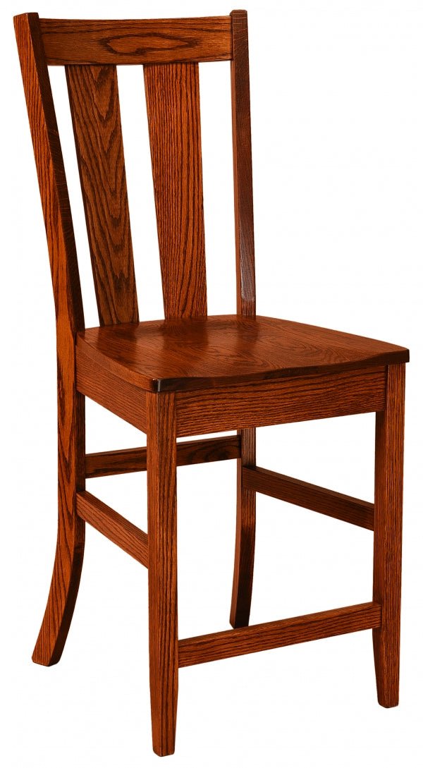 Counter stool in oak with a tall splat back, contoured seat and boxed stretchers on a white background