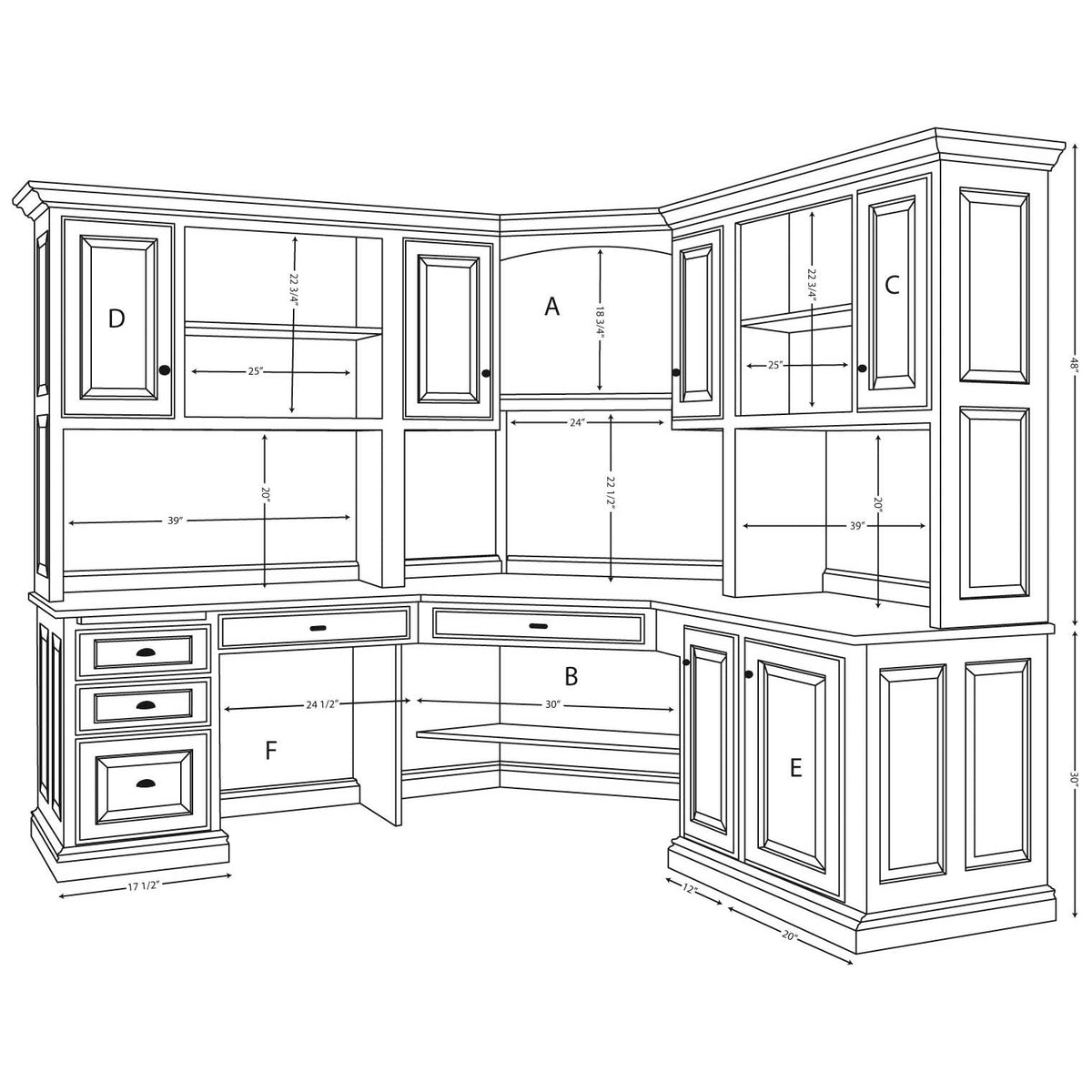 Elevation diagram of the corner desk with hutch, labeling cabinet openings from 20 to 39 inches and 48 inch height
