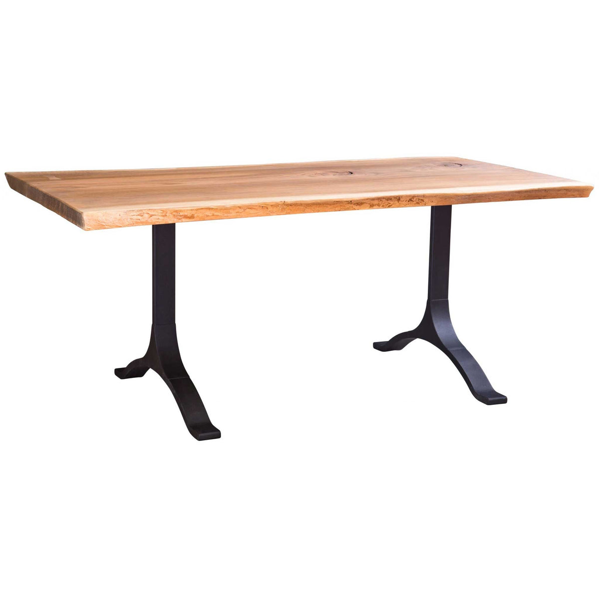 Live edge maple dining table supported by two curved black steel wishbone legs on a white background