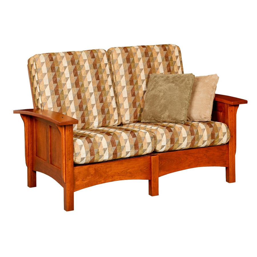 Cherry Mission Morris loveseat with multicolor geometric cushions, paneled sides and two suede accent pillows