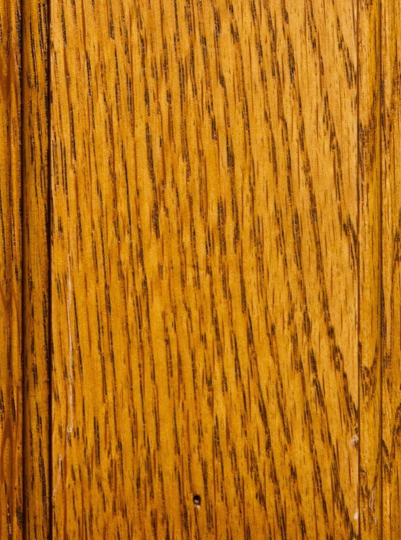 Close up oak wood sample in a golden pecan heritage stain showing open grain and dark grain lines