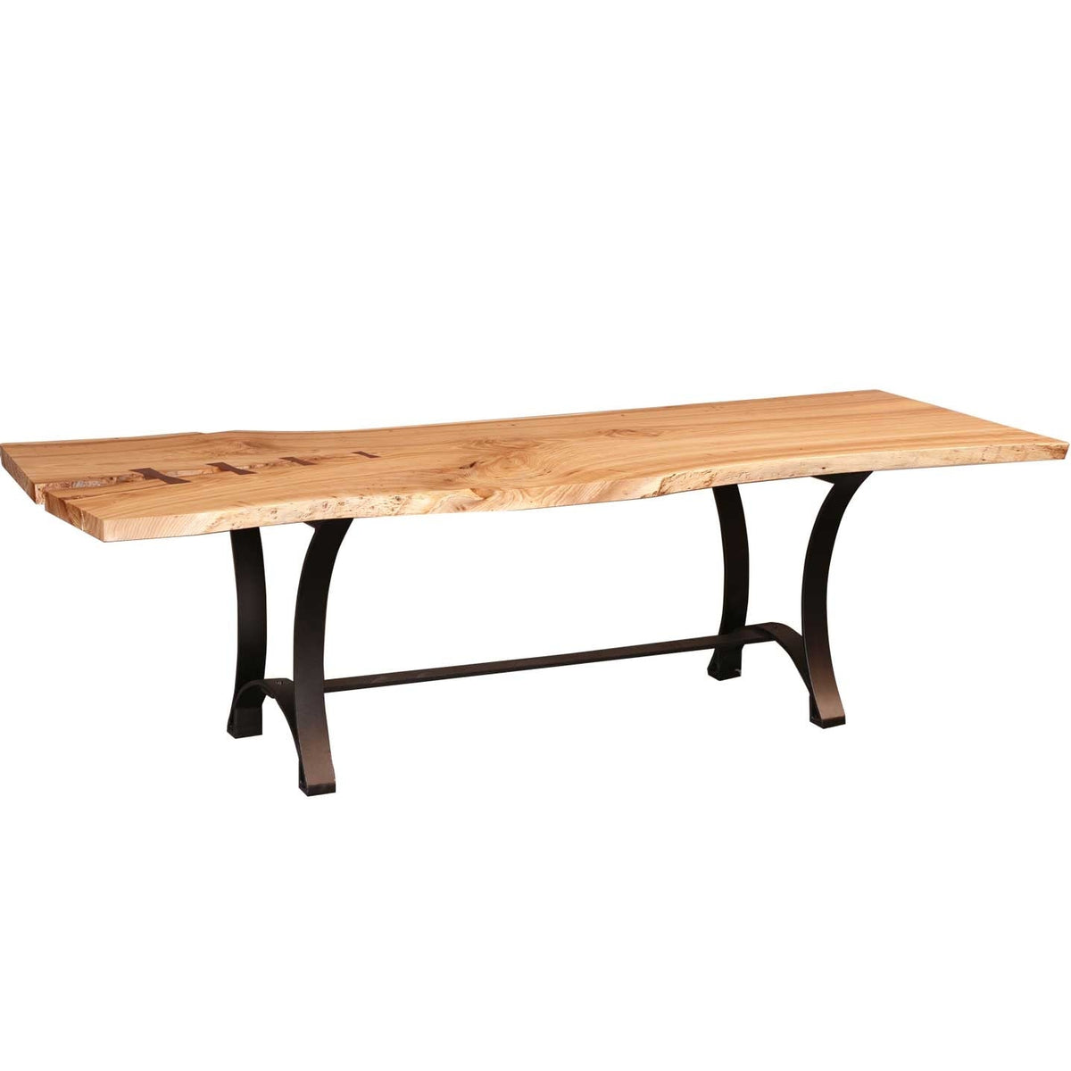 Wide live edge maple table top with natural edges over an arched blackened metal trestle base