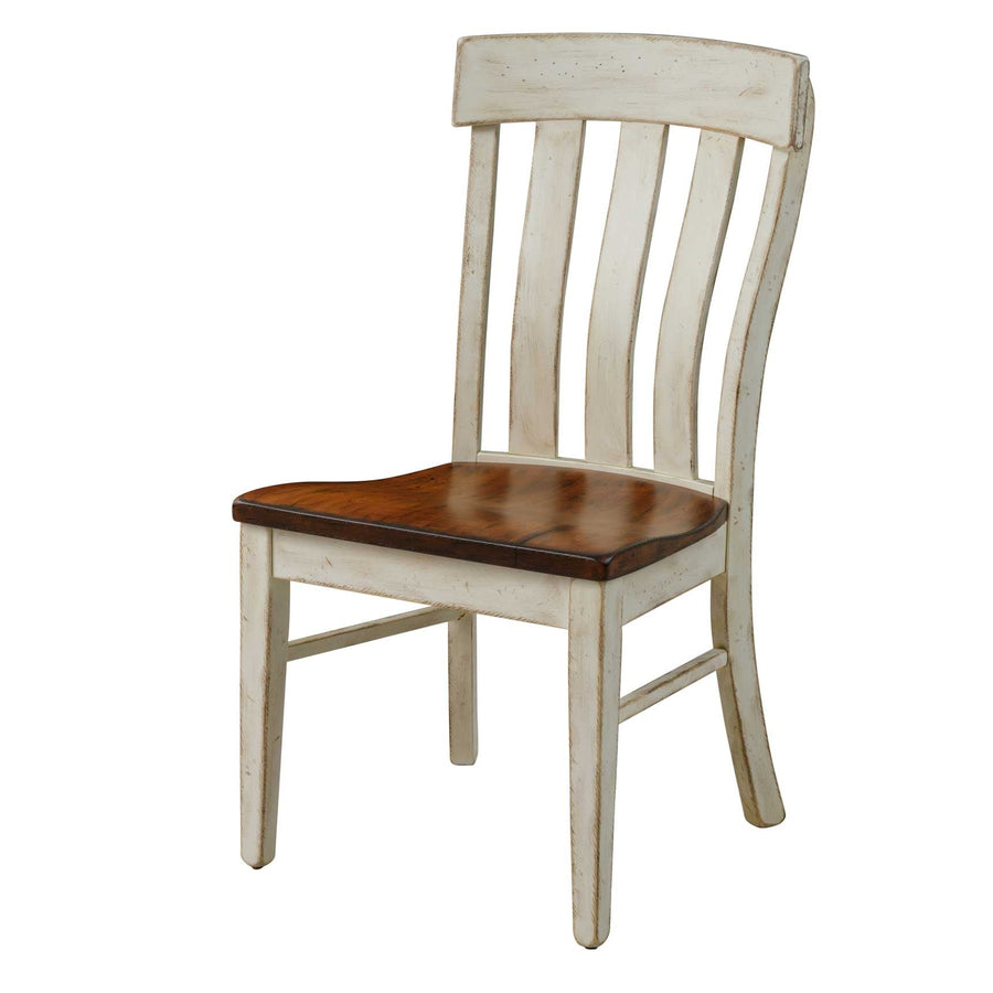 Two-tone dining chair with a distressed white painted frame, four curved back slats and a contoured brown maple seat on a white background