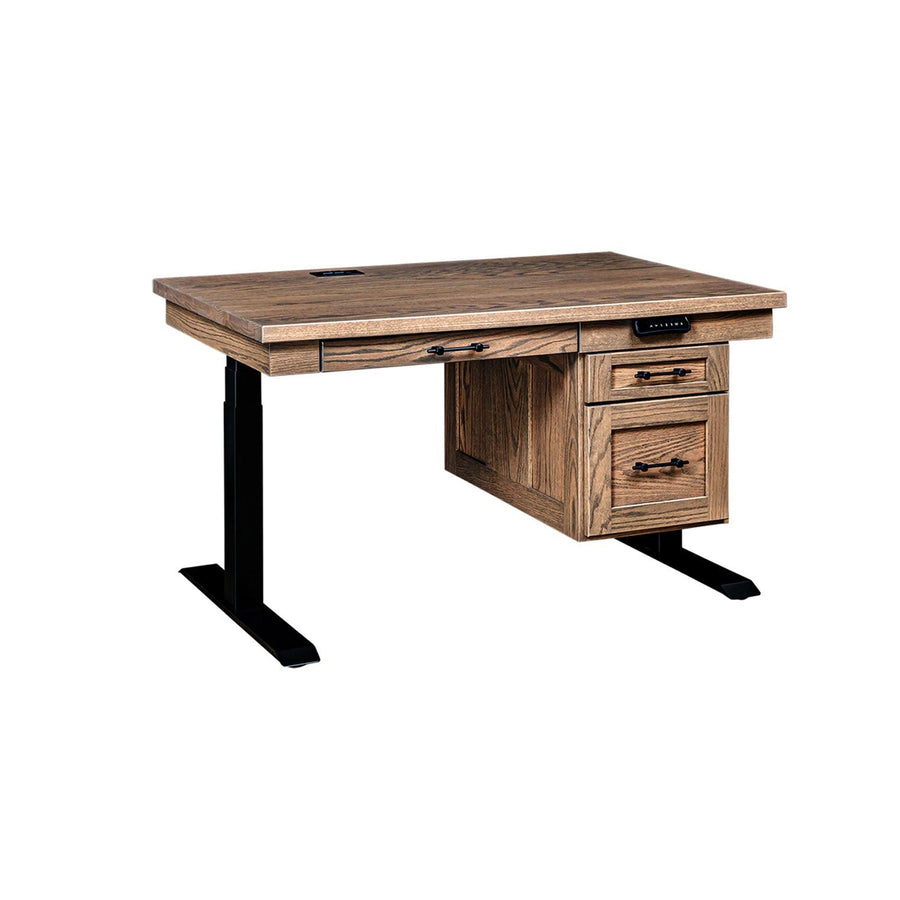 Single pedestal adjustable lift desk in weathered oak with pencil drawer, two drawers and black electric lift base