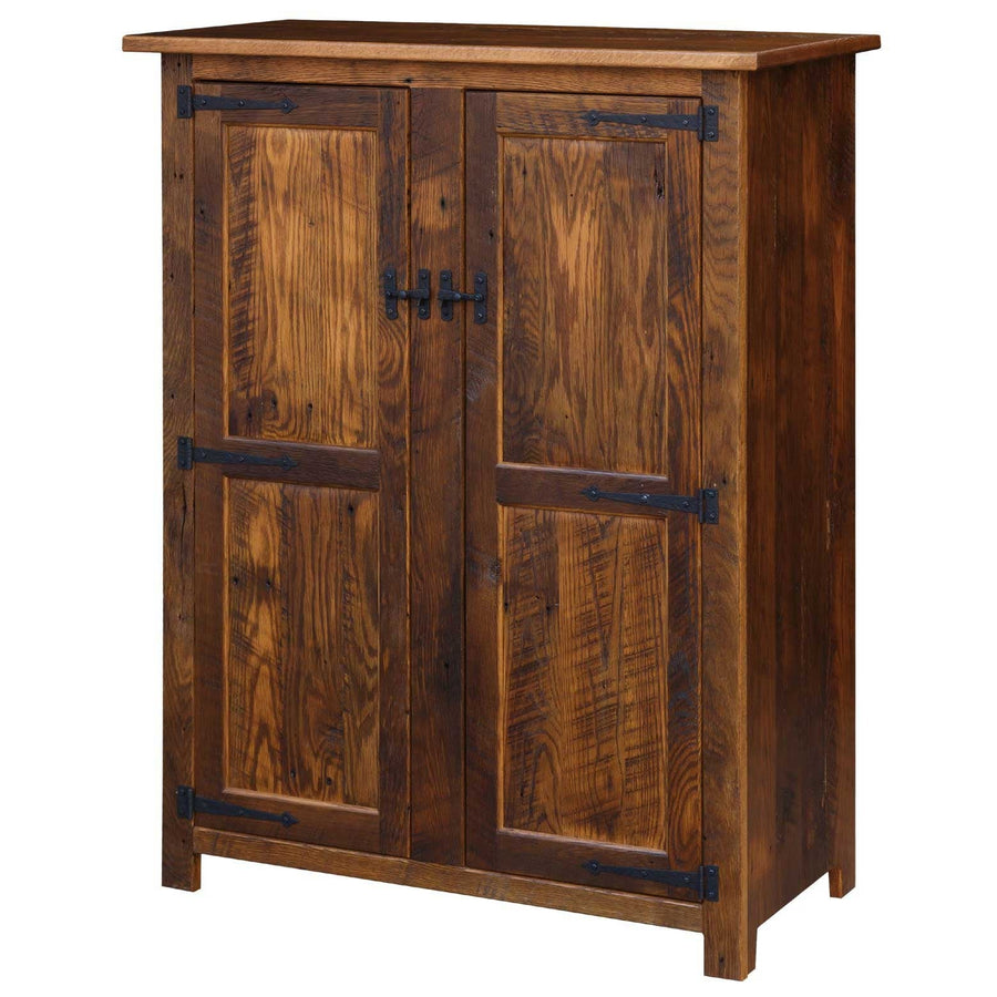Reclaimed oak pie safe cabinet with two tall raised panel doors, black strap hinges and a plank top