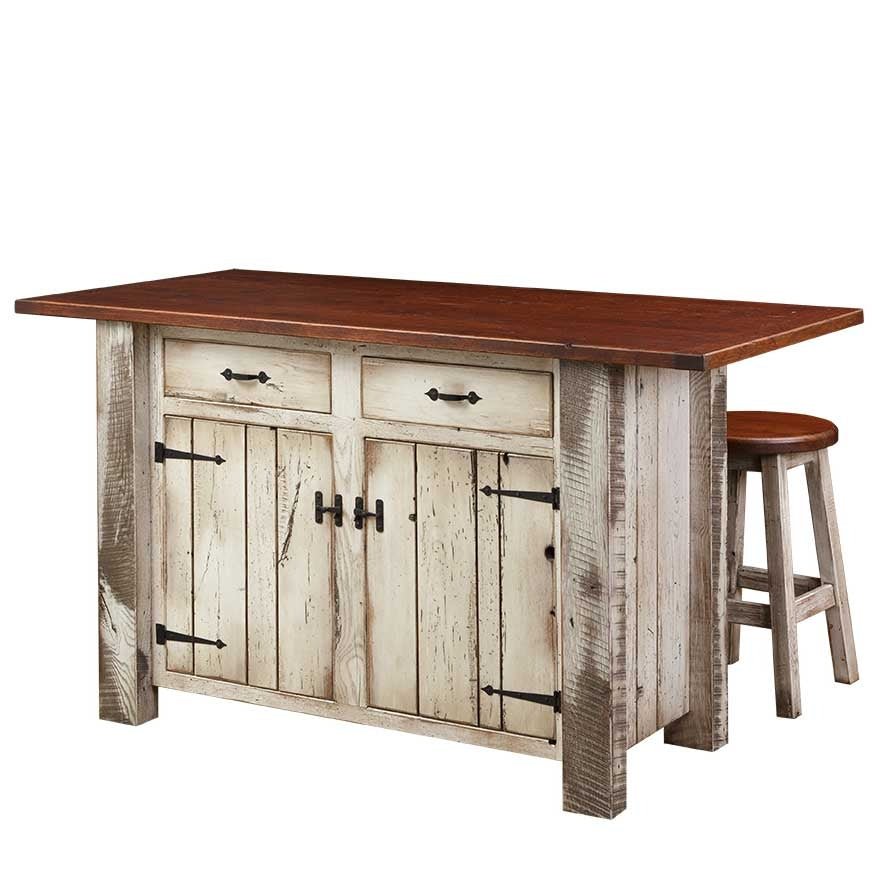 Distressed white kitchen island with a warm stained top, two drawers, plank doors and a round wood stool