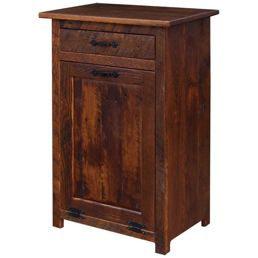 Reclaimed oak tilt out trash bin cabinet with a top drawer, paneled door and black iron hardware
