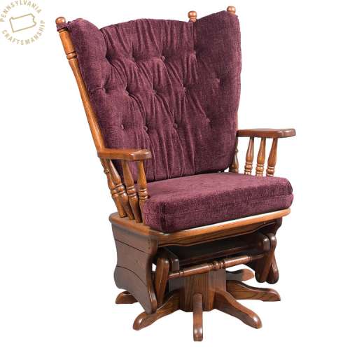 Wing back glider rocker in oak with plush burgundy button tufted replacement back and seat cushions