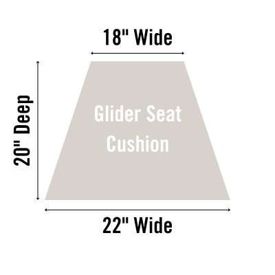 Glider seat cushion measurement diagram listing 22 inches wide at front, 18 inches at back and 20 inches deep