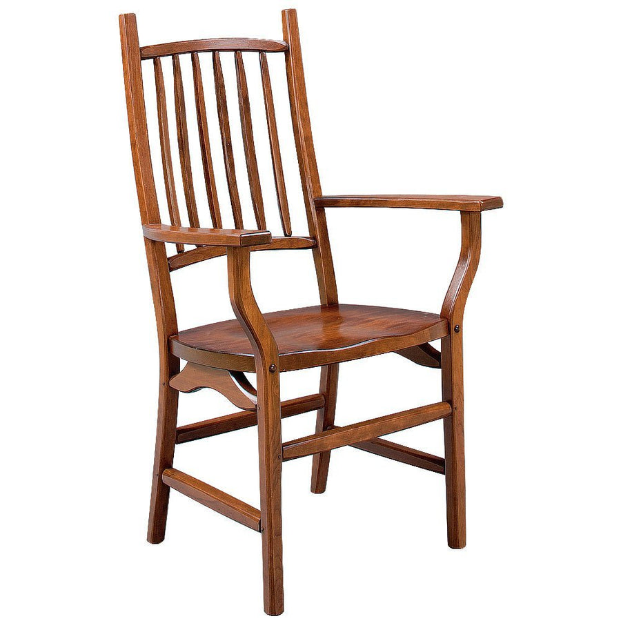Cherry dining arm chair with wide flat arms, a tall slat back and a contoured saddle seat