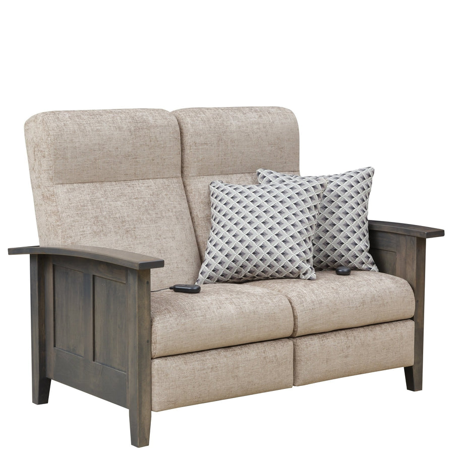 Gray wood frame reclining loveseat in cream chenille with two lattice print pillows and visible hand controls