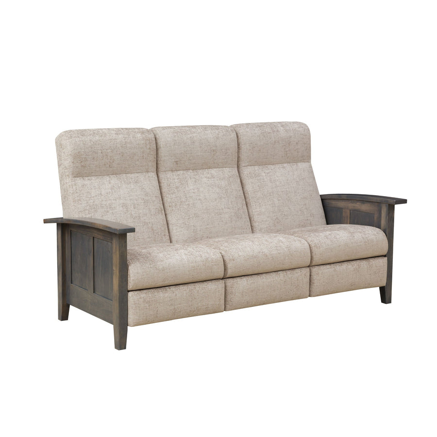 Gray stained wood frame reclining sofa with three cream chenille seats, paneled sides and flat wooden arms