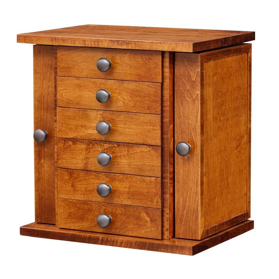 Five drawer tabletop jewelry chest in warm brown maple with hinged side doors and dark round knobs