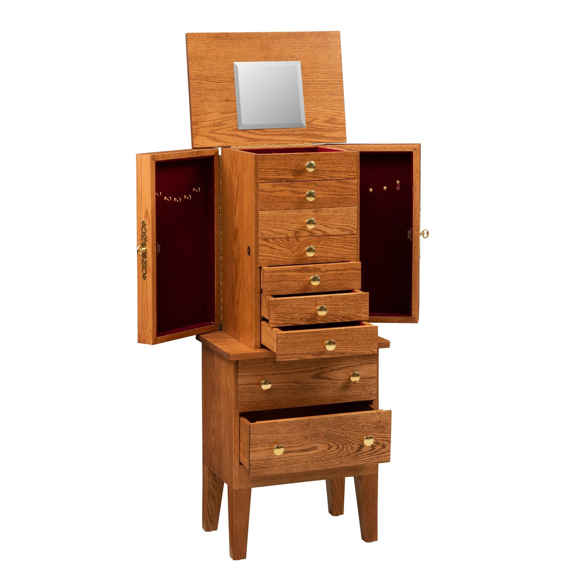 Jewelry armoire displayed open with mirrored lid, red velvet necklace doors and multiple drawers extended