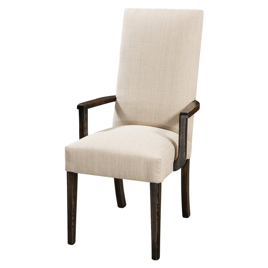 Upholstered dining arm chair with a tall cream linen back and seat set on a dark distressed wood frame with tapered legs