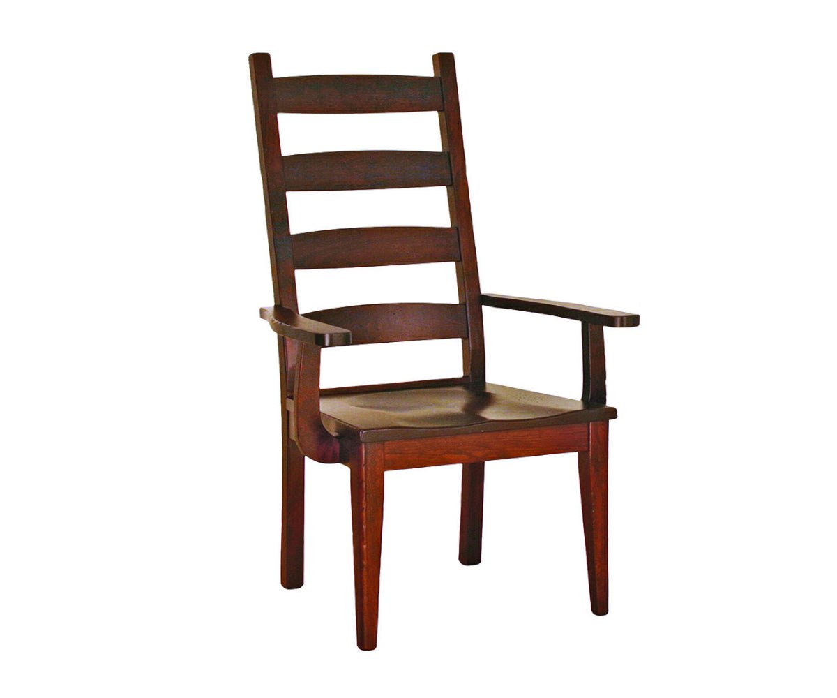 Ladder back dining arm chair in dark cherry with four curved slats, contoured wood seat and tapered legs