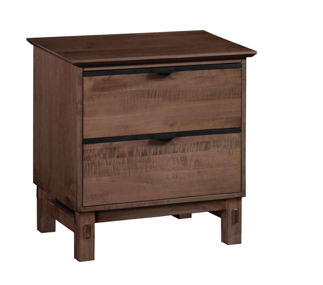 Two drawer nightstand in figured brown maple with black bar pulls and a peg through plank leg base