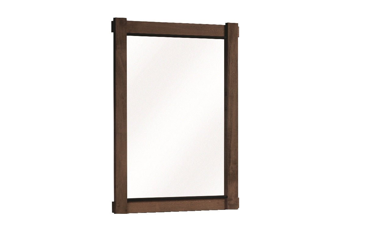 Rustic brown solid wood bedroom dresser mirror with thick square frame, dark corner accents and plain rectangular glass