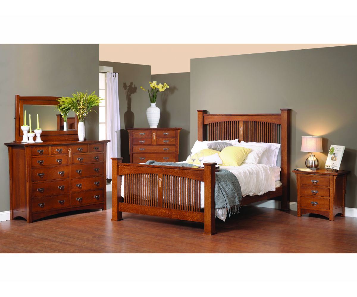 Styled mission bedroom with oak spindle bed, mirrored dresser, chest of drawers and matching three-drawer nightstand