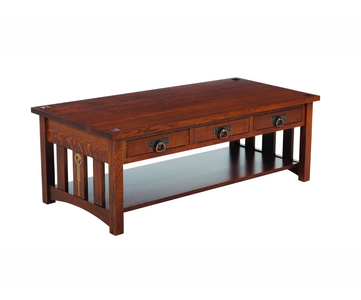 Quartersawn oak coffee table with three drawers, slatted sides with inlay, lower display shelf and pegged corners