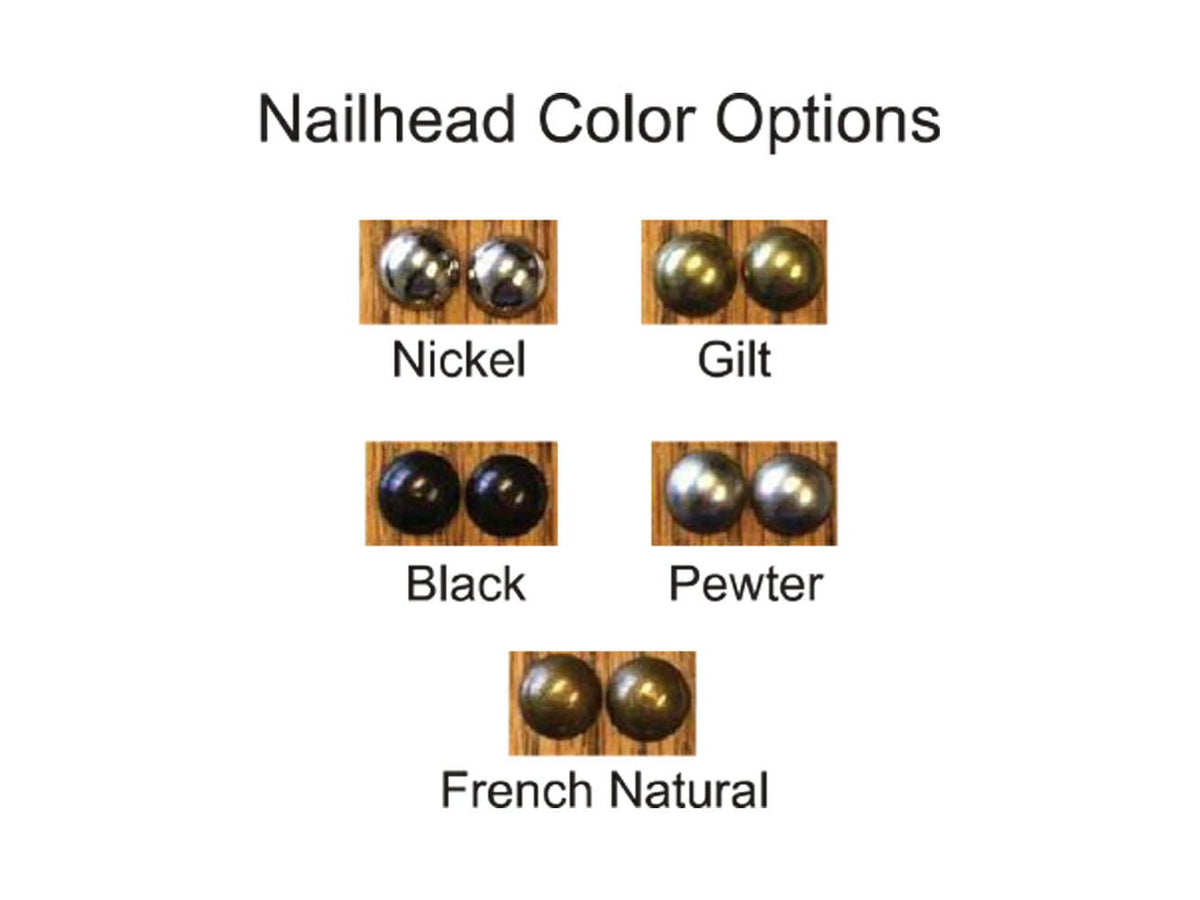 Nailhead color options chart showing nickel, gilt, black, pewter and French natural upholstery tack finishes