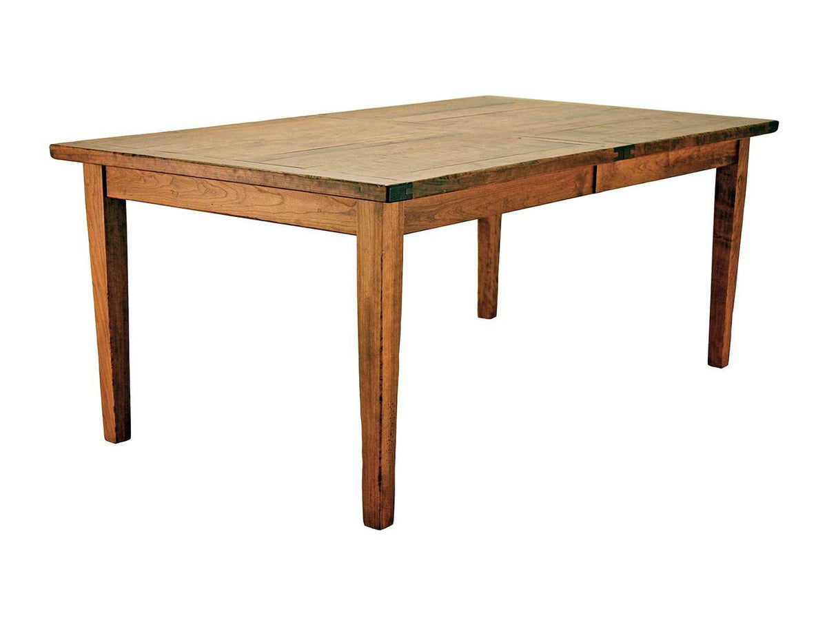 Rustic cherry leg dining table with a distressed plank top, breadboard ends and square tapered legs