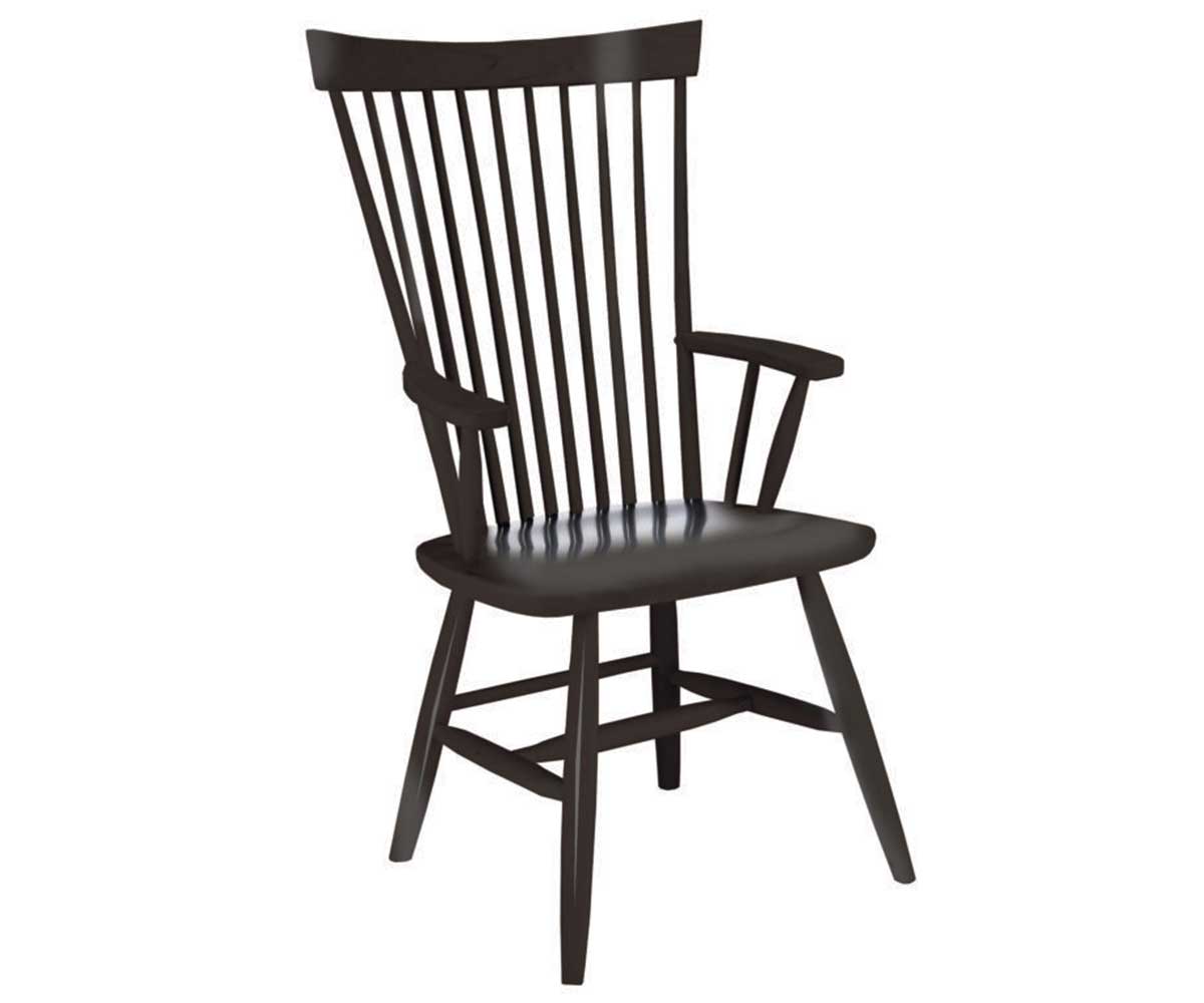 Black windsor arm chair with a fan of spindles, shaped crest, curved arms and turned splayed legs