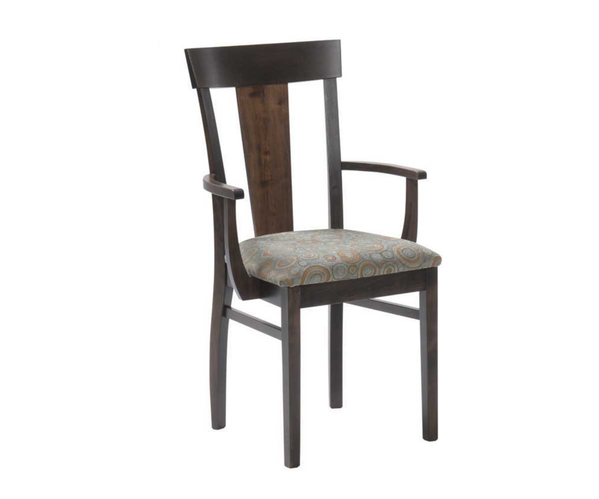 Dark stained dining arm chair with a contrasting walnut center splat and blue circle patterned seat