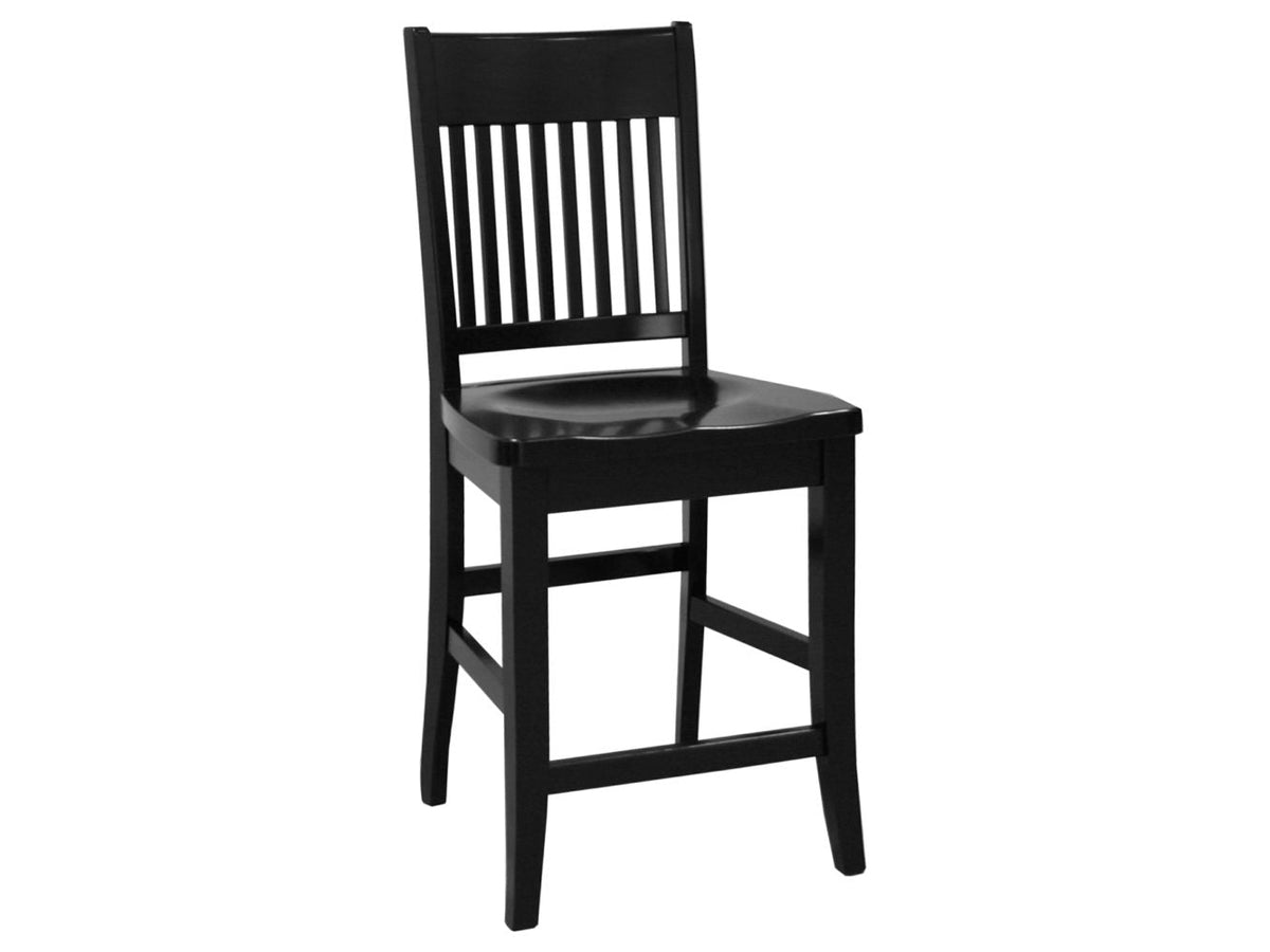 Black counter stool with a vertical slat back, contoured wood seat and full footrail stretchers
