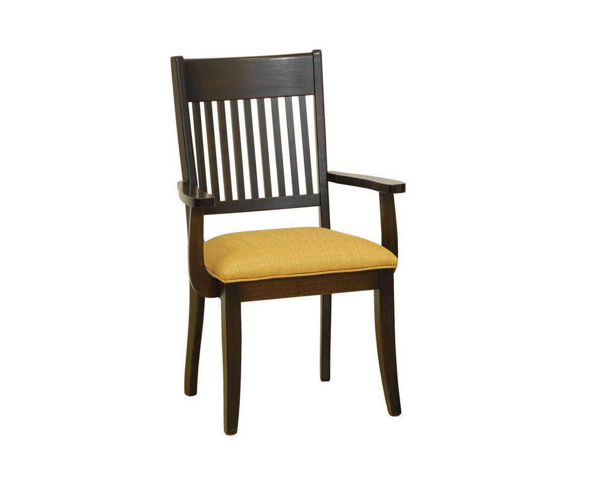 Dark brown dining arm chair with vertical slat back, flat arms and a mustard yellow upholstered seat
