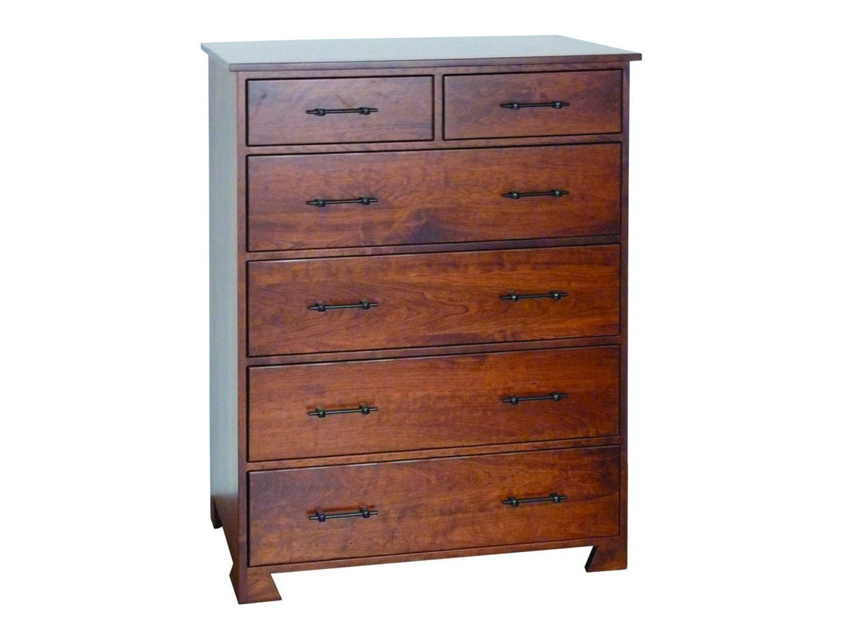 Six-drawer cherry tall chest with two small top drawers, iron bar pulls and angled flared feet
