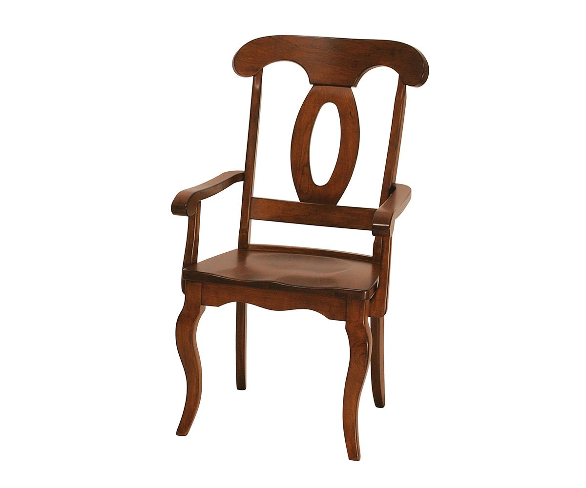 Cherry French dining arm chair with an oval cut-out splat, scrolled crest, cabriole legs and wood seat