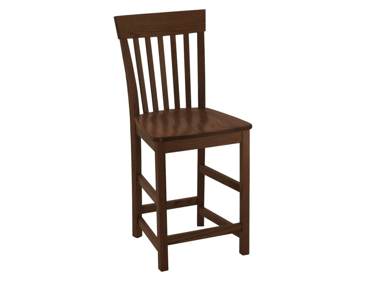 Dark walnut counter stool with vertical slat back, contoured wood seat and square legs with footrails
