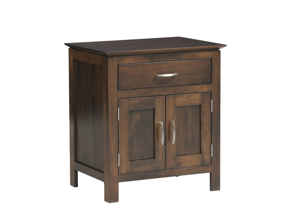 Dark brown nightstand with one drawer over two paneled doors, brushed nickel pulls and square legs