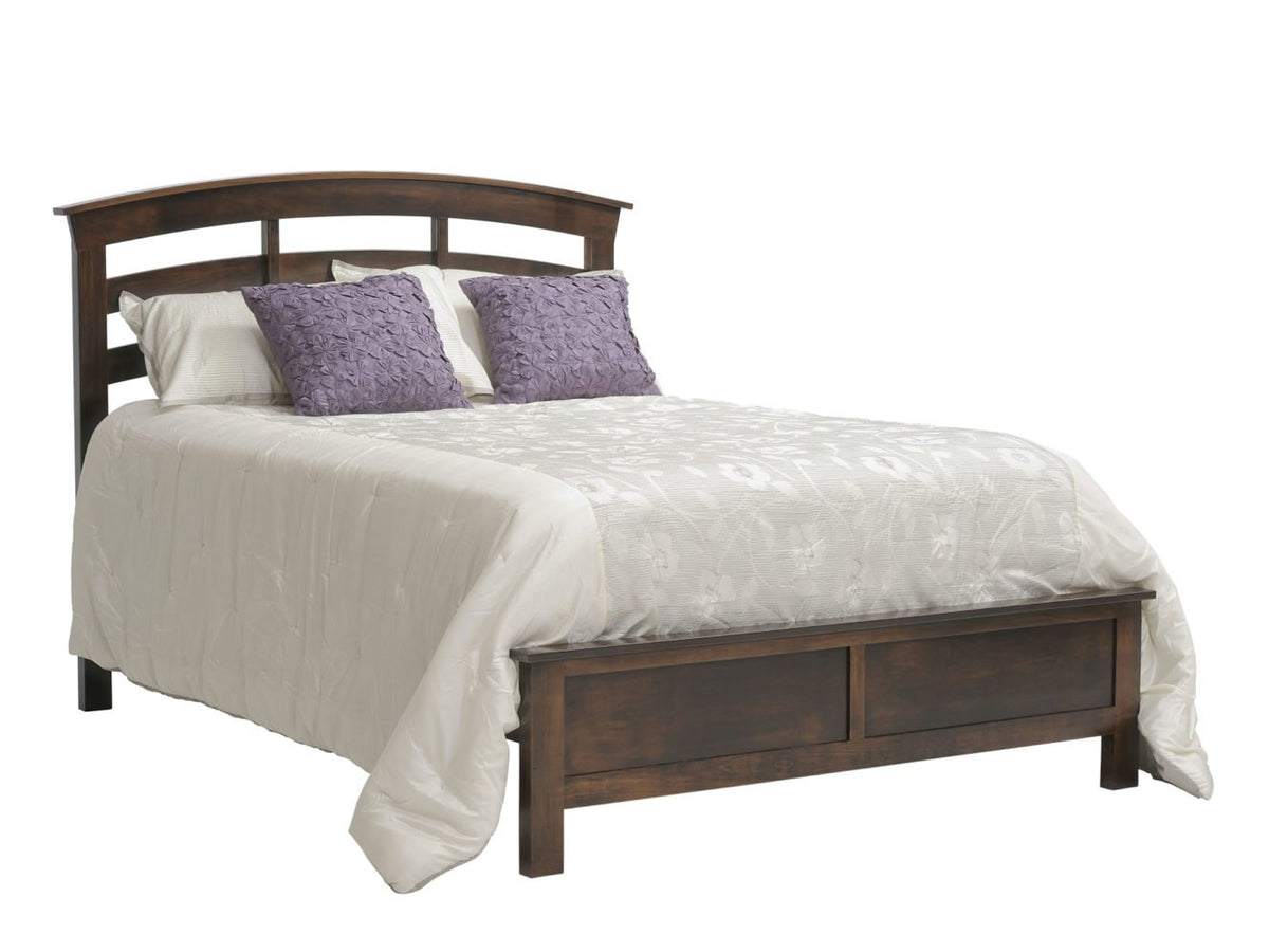 Espresso slat bed with an arched headboard of curved rails and a paneled footboard with cream bedding