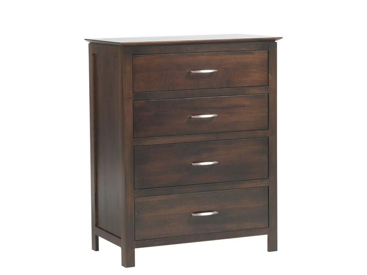 Four-drawer espresso chest of drawers with brushed nickel bar pulls, paneled sides and square legs