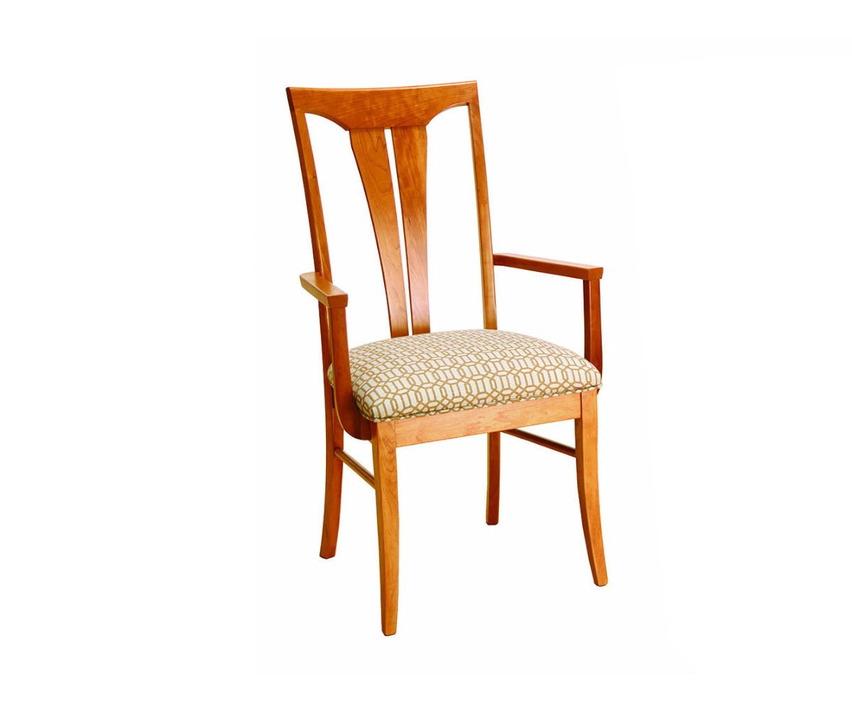 Cherry dining arm chair with a tall two-slat back, flared crest and gold patterned upholstered seat
