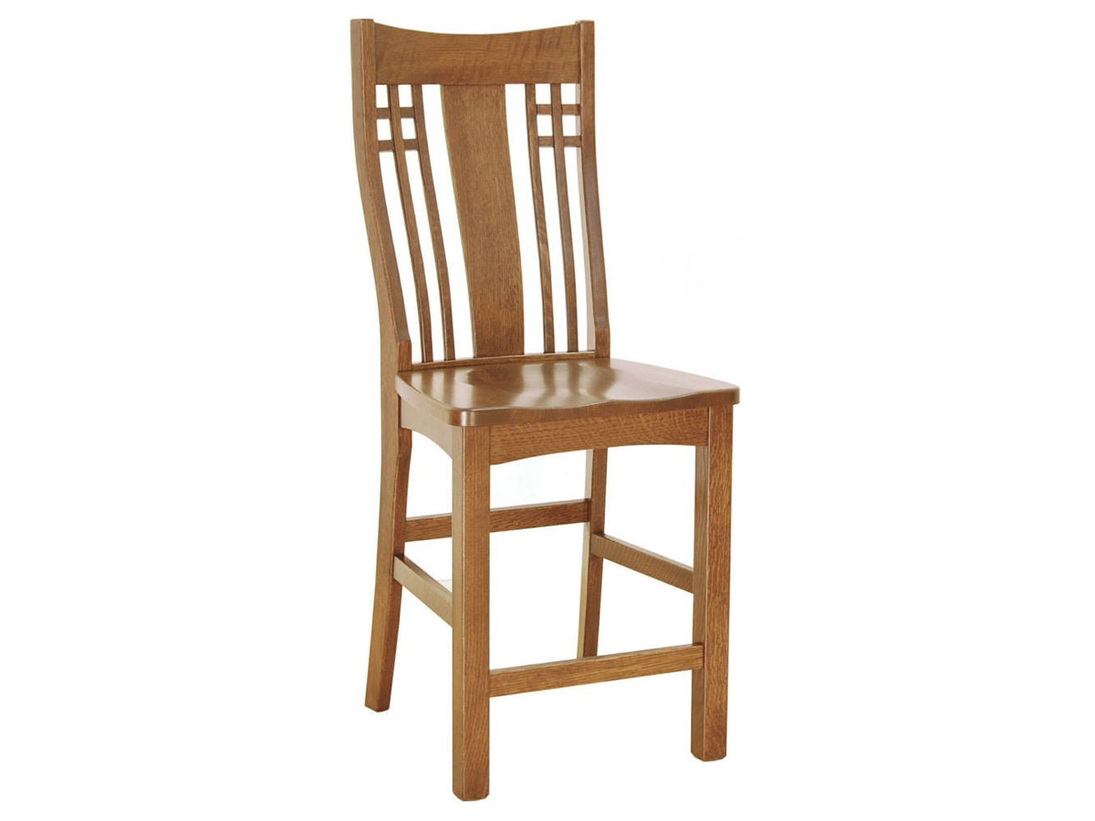 Quartersawn oak counter stool with a mission lattice slat back, wood seat and full footrail stretchers