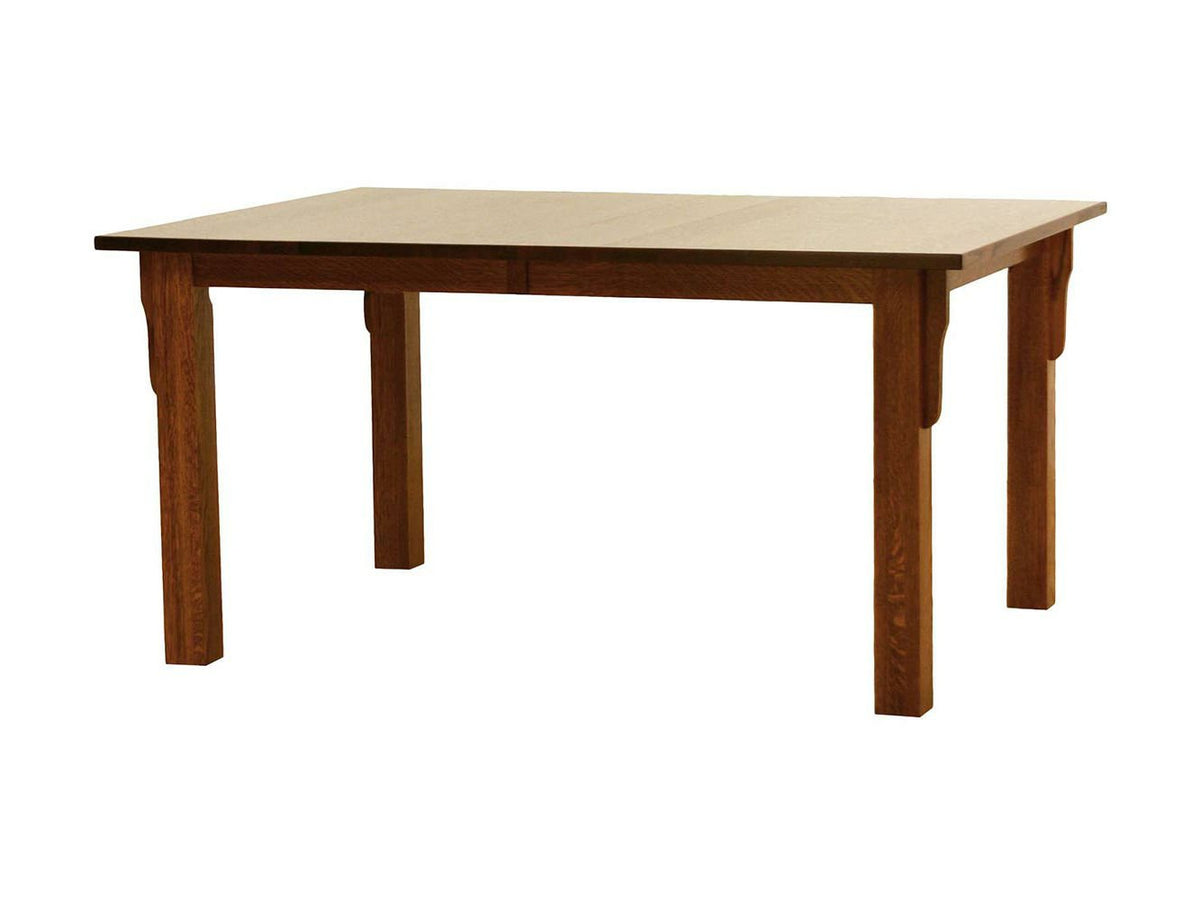 Quartersawn oak mission leg table with a smooth rectangular top, corbel accents and thick square legs