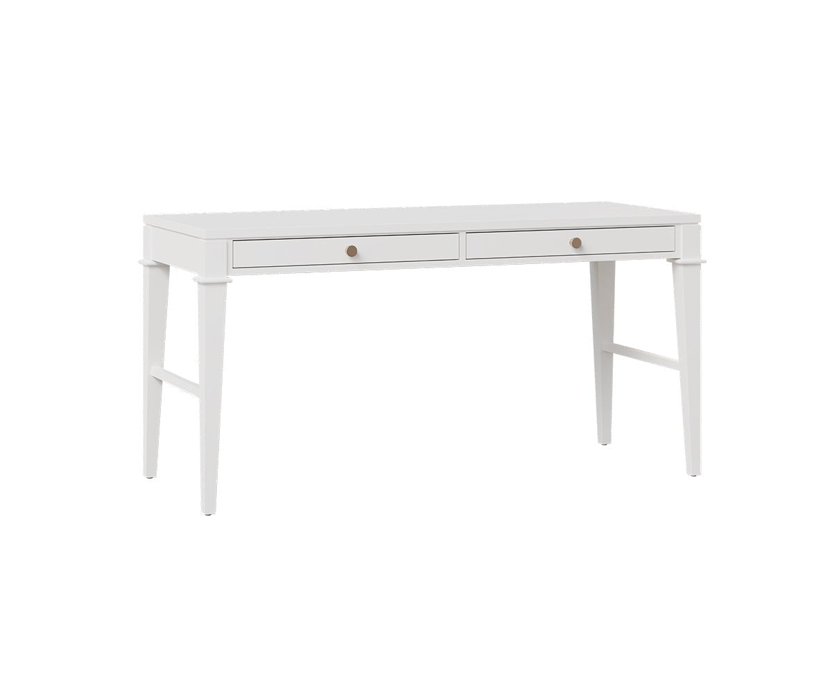 White painted writing desk with two knob-pull drawers, tapered legs and side stretcher supports