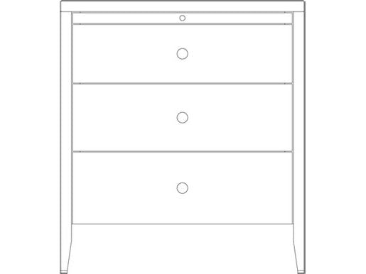 Line drawing of the three-drawer nightstand with a pullout tray, round knobs and tapered legs